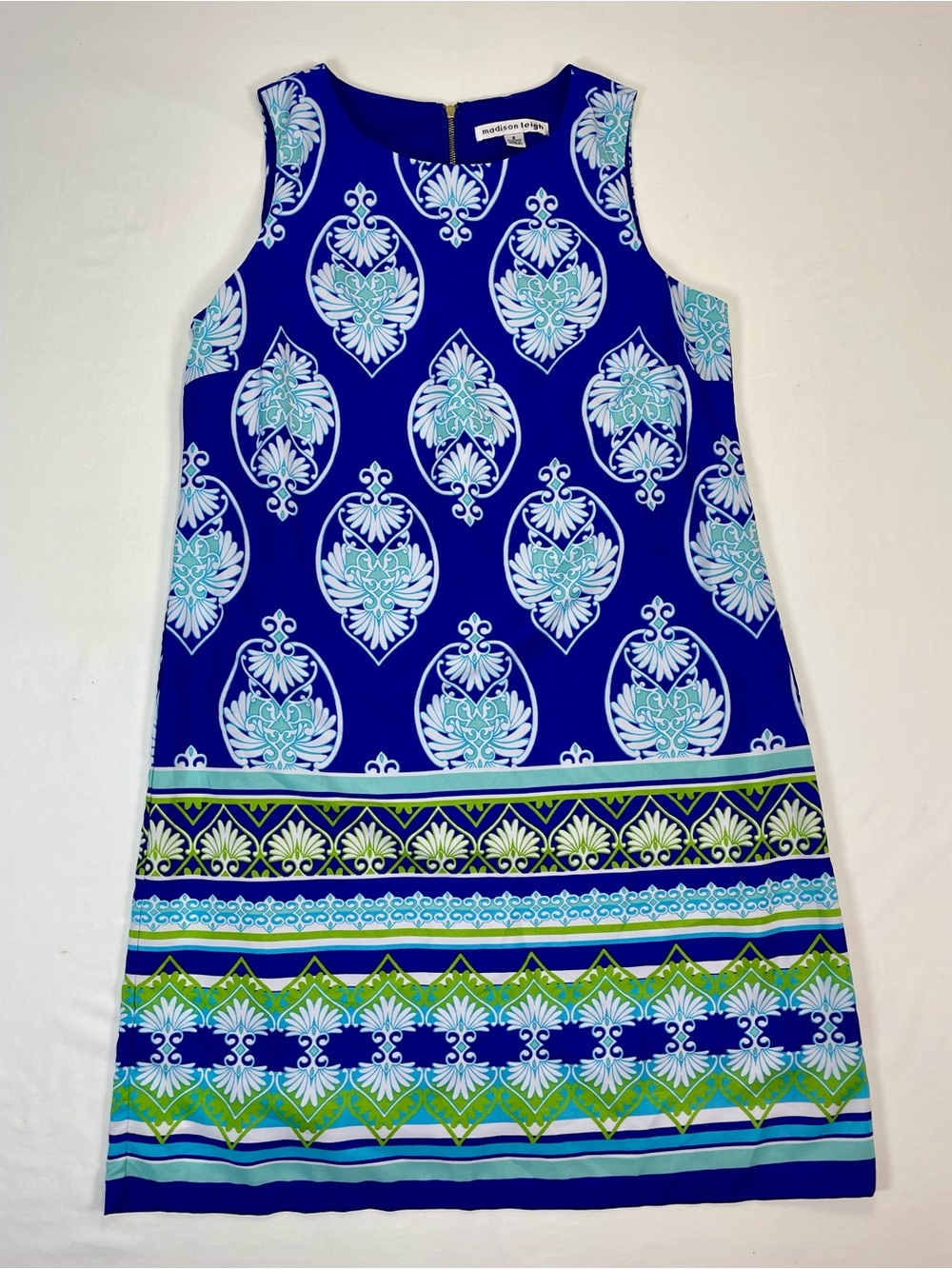Madison Leigh Sheath Dress Size 8 Sleeveless Blue White Green Lined Knee Length